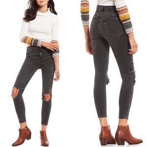 Free People High Rise Busted Skinny Denim Jeans Charcoal Black Size 28